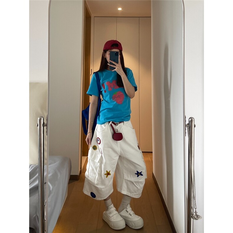 CP1255-P59美式植绒刺绣工装牛仔七分裤男女夏季宽松休闲阔腿,男装牛仔裤,电商B323A