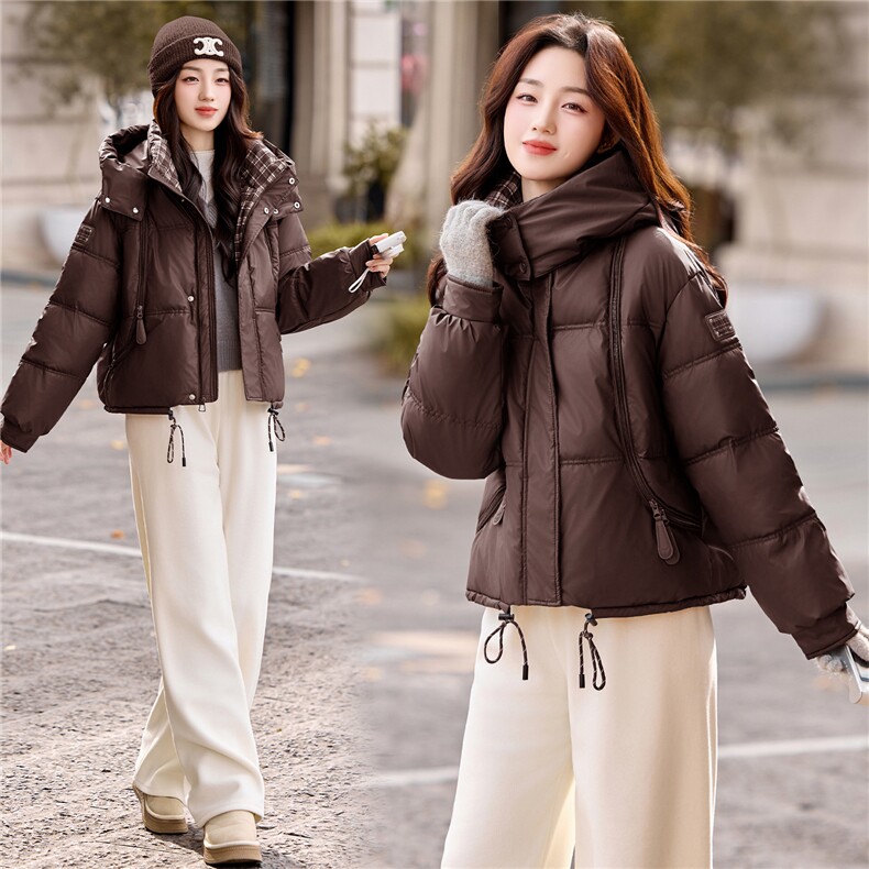 现货冬装新款简约时尚保暖休闲拼接连帽PU加厚棉服棉衣外套,女装棉衣/棉服,韩美纤衣