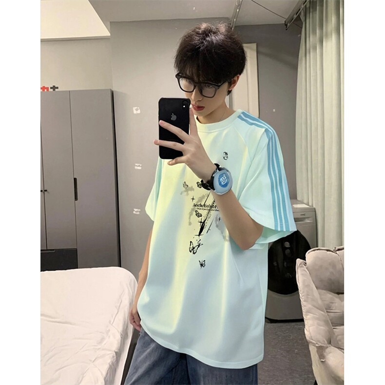 抖音得物品质二开240克宽松纯棉美式潮牌印花三条杠中性风短袖T恤,男装T恤,电商A486