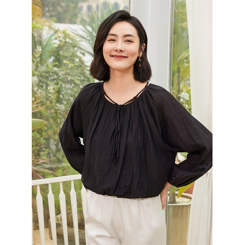时尚百搭黑色天丝锦纶女装衬衫舒适透气显瘦长袖上衣,女装衬衫,澳冬特羊绒