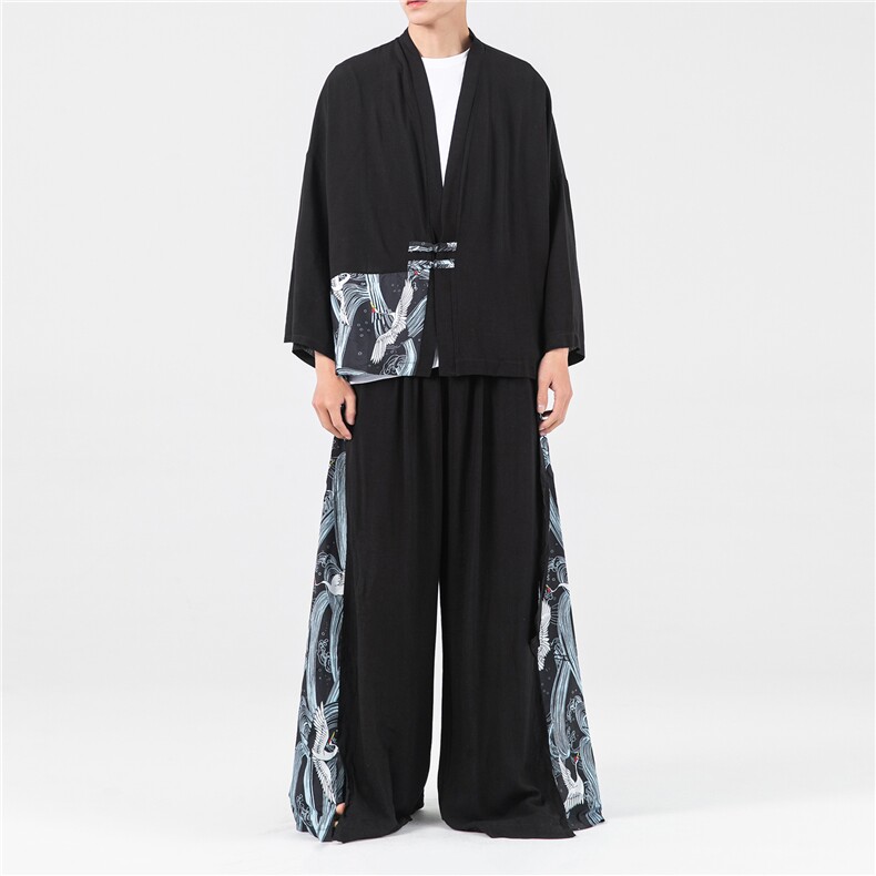 夏大码汉服风开衫阔腿裤情侣套装古风仙气学生班服TZ72/P145，男装民族服装，钱塘713