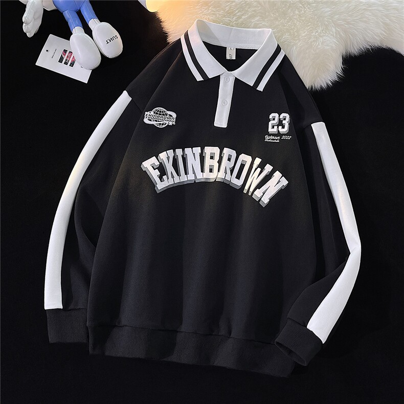 港风中性风平铺POLO领卫衣情侣大码M-5XL休闲套头卫衣男C7720P55，男装Polo衫，星座227-7