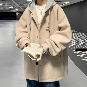N6108/P95秋冬港风连帽假两件中长款毛呢大衣男大码风衣呢料上衣图片