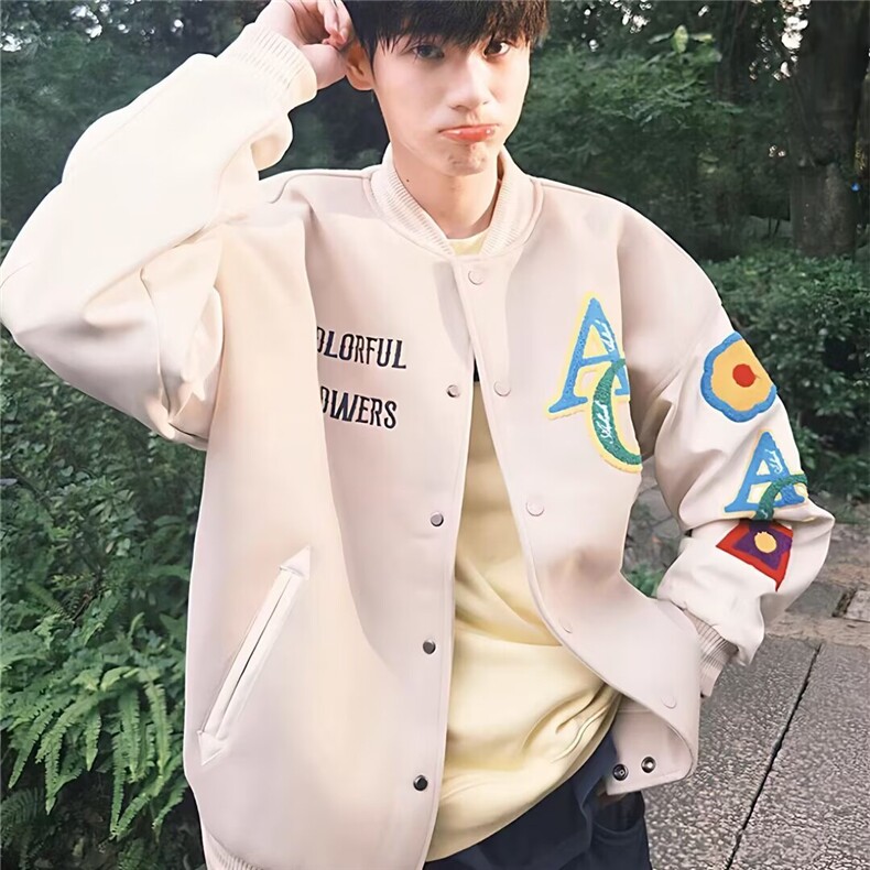 美式复古毛巾绣拼色棒球服男女款秋季潮牌宽松情侣百搭夹克外套,男装夹克,星座715-4