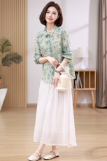 2024夏季新款苎麻衬衫半身裙两件套清新印花显瘦气质女装套装，女装套装/套裙，希欧阁