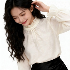 优雅风2026年春季套头木耳边提花长袖时尚衬衫女，女装衬衫，微微衣阁