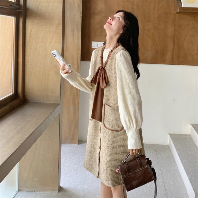 法式小香风连衣裙打底衫两件套女2025冬季新款韩版超好看显瘦套装,女装套装/套裙,2C117