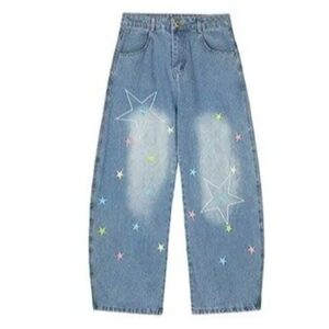 W10119-P53 网图现货 潮流弯刀牛仔裤星星刺绣高腰做旧阔腿裤潮图片