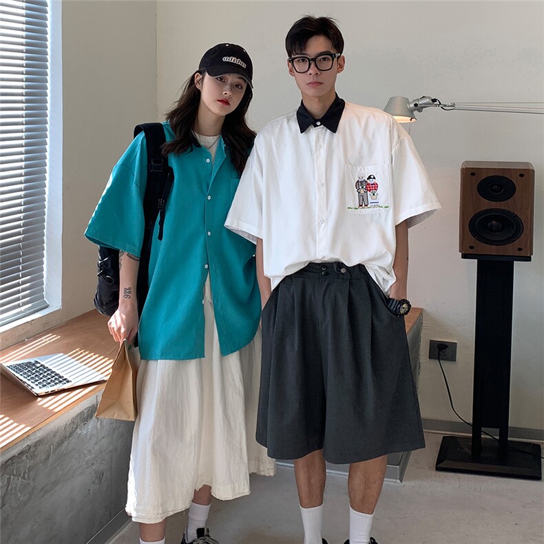 冰丝衬衫夏季学院风男女港风ins潮流学生情侣装短袖,男装衬衫,电商C306-1