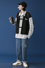 男女宽松假两件马甲格子工装外套上衣（会出加绒）mj403-p118，男装夹克，电商B288