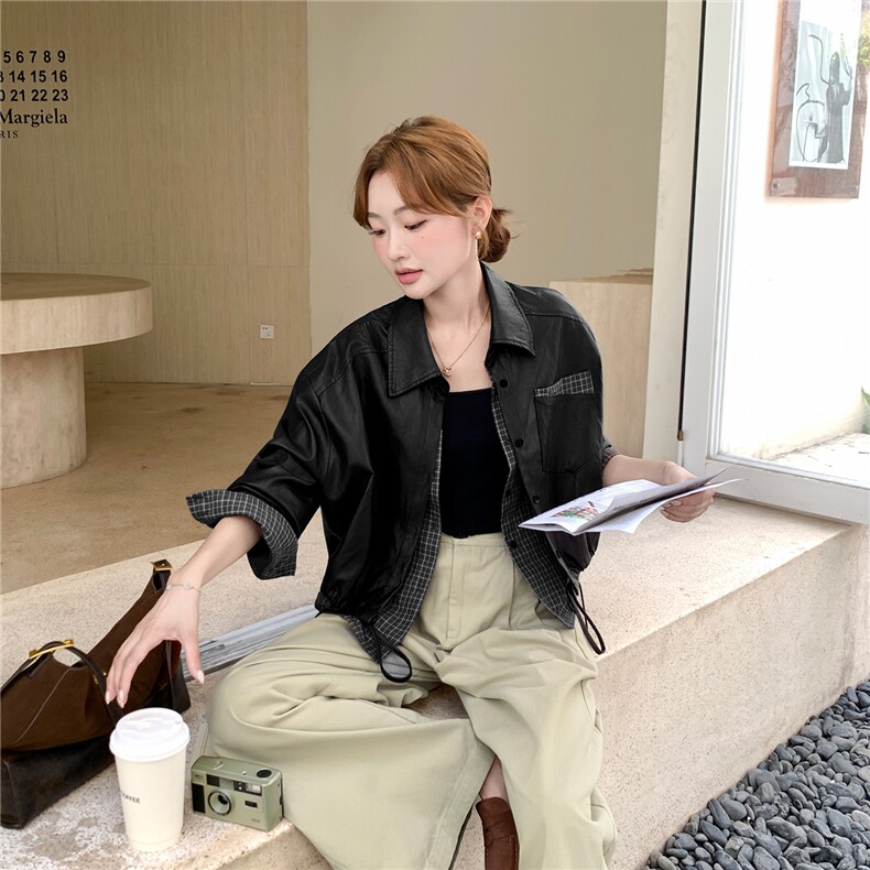 棕色短款皮衣外套女秋2025新款小个子休闲百搭又酷又飒PU皮夹克图片