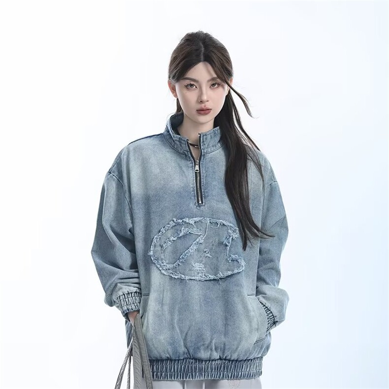 牛仔外套女秋季新款半拉链夹克chic情侣卫衣上衣高级感L25622-p68,男装工装外套,星座1008