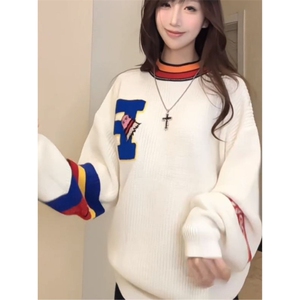 MM290-P54美式复古新款学院风圆领宽松套头毛衣图片
