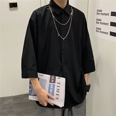 潮牌夏季纯色宽松七分袖衬衫美式复古链条设计衬衣ins，男装衬衫，星座506A