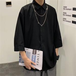 潮牌夏季纯色宽松七分袖衬衫美式复古链条设计衬衣ins图片