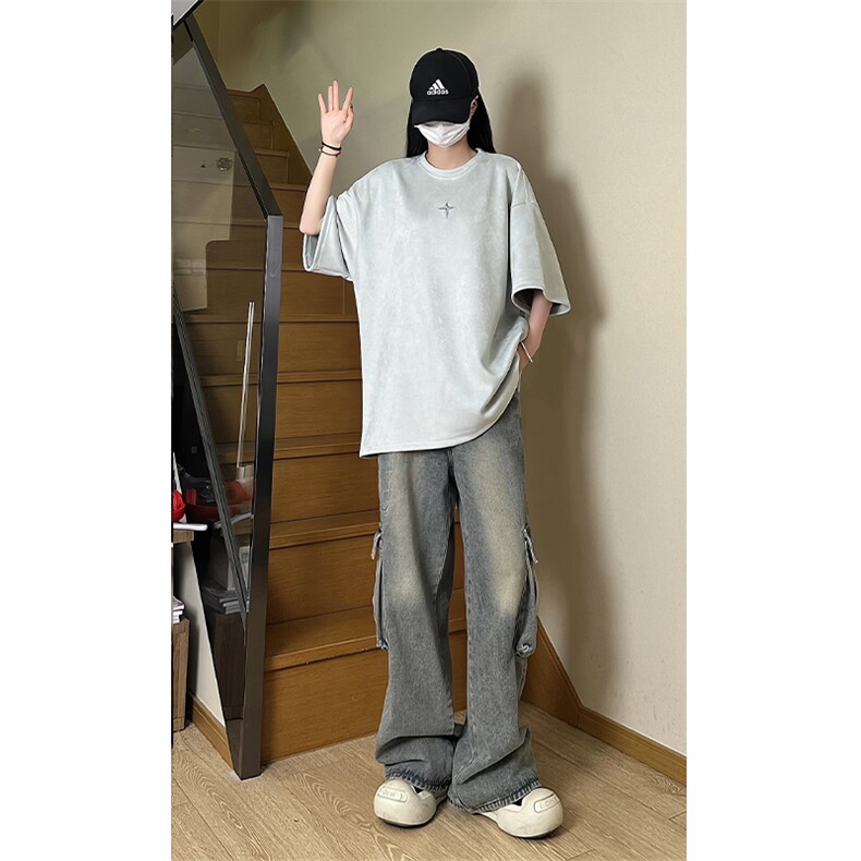 港风大码街头潮流百搭男女圆领短袖T恤五分袖 XZ213-T065-P35控48图片