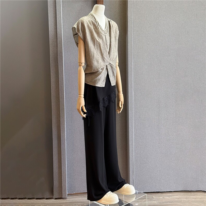 女夏季新款韩版时尚套装V领扭结褶皱无袖上衣蕾丝屁帘长裤两件套,女装套装/套裙,江南