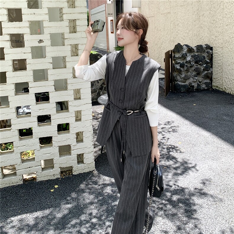 灰色条纹西装马甲套装裤2025新款女秋老钱风好韩系chic别致三件套图片