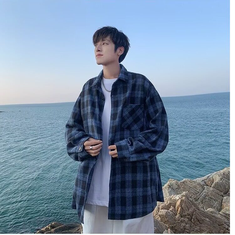 格子衬衫外套男秋季设计感ins潮长袖衬衣春秋港风日系高级感痞帅,男装衬衫,星座1210-1