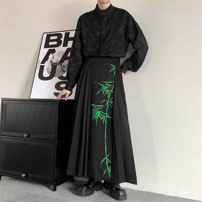 春夏装新中式风改良竹子印花百褶马面裙复古A字裙男女潮流复古图片