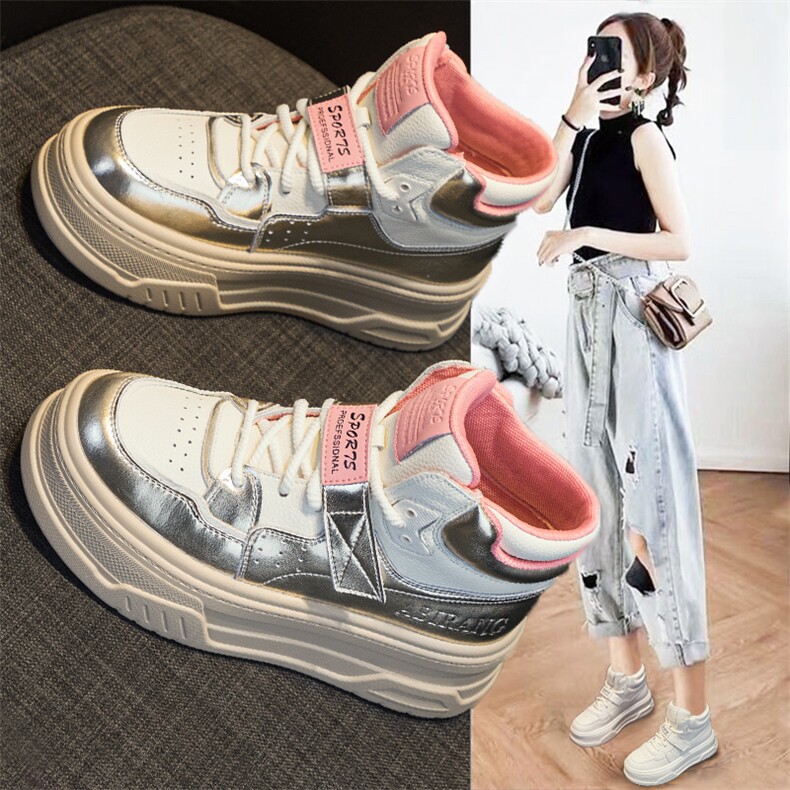 2023秋季高帮真皮女小白鞋厚底松糕百搭休闲运动鞋面包鞋女,女鞋休闲鞋,电商A223