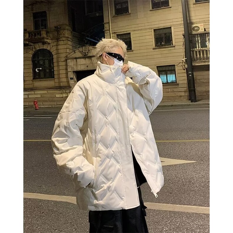 冬季黑色菱形格羽绒棉服男女款高街立领加厚面包服工装外套潮,男装棉衣,星座1013