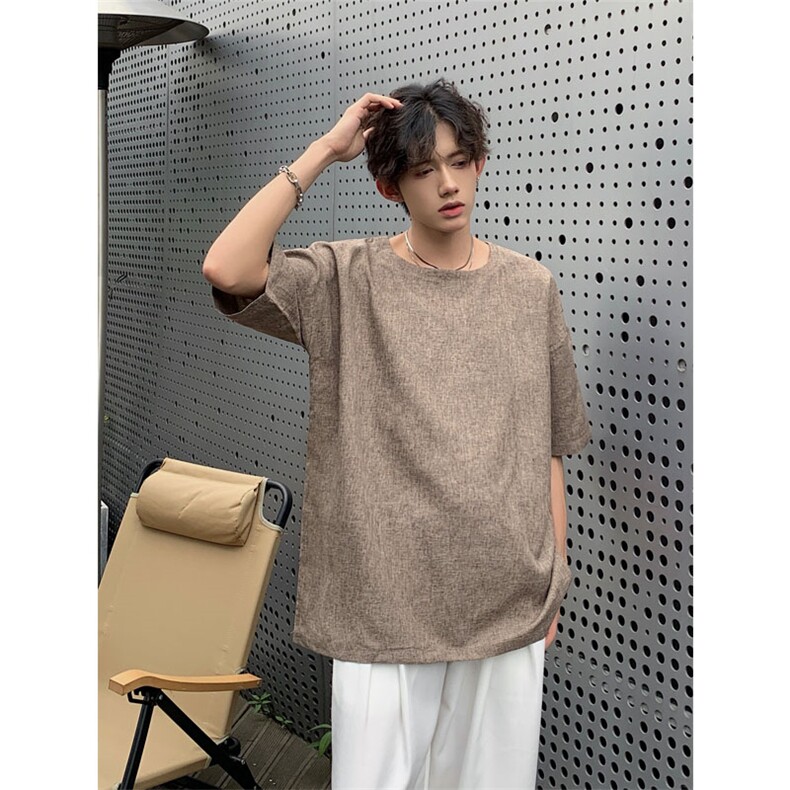 现货夏季纯色亚麻潮宽松新中式大码棉麻短袖男MT08-特P25控48,男装T恤,星座205-5