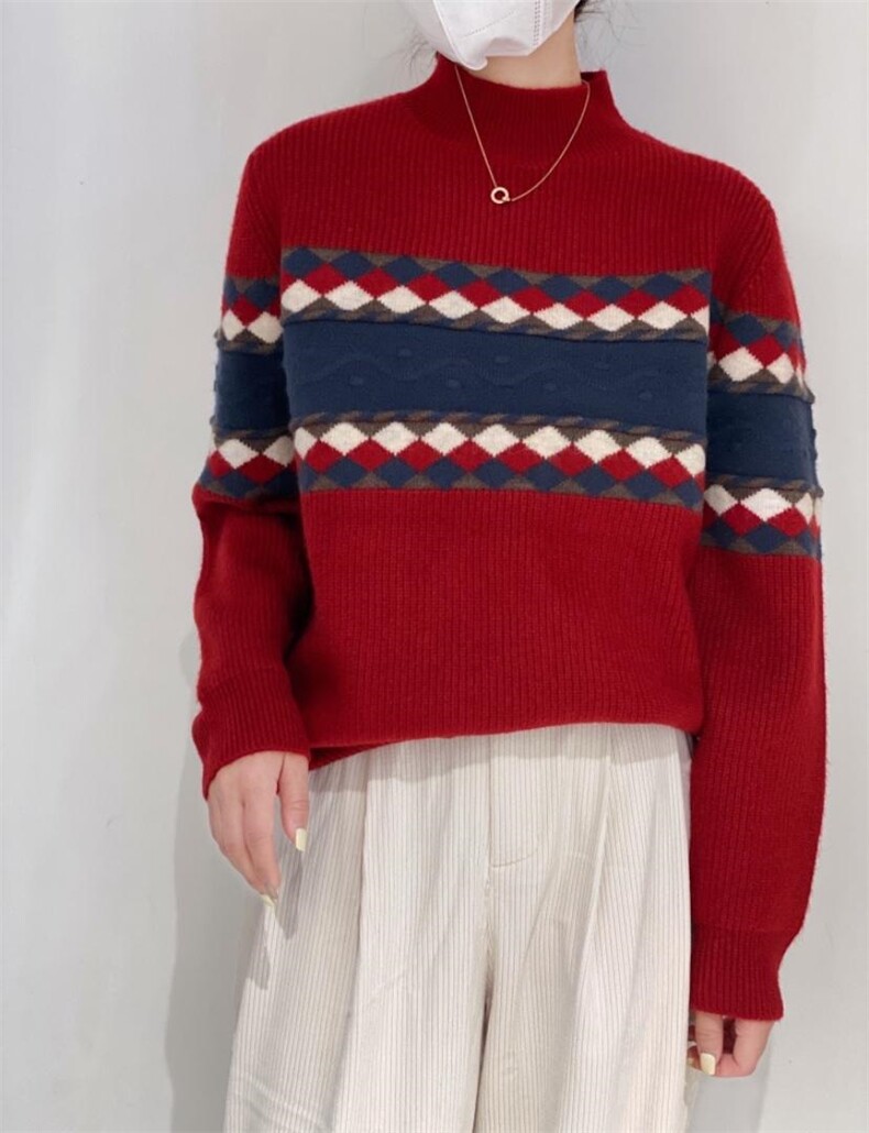 菱形拼色毛衣，女装针织衫/毛衣，驿谷