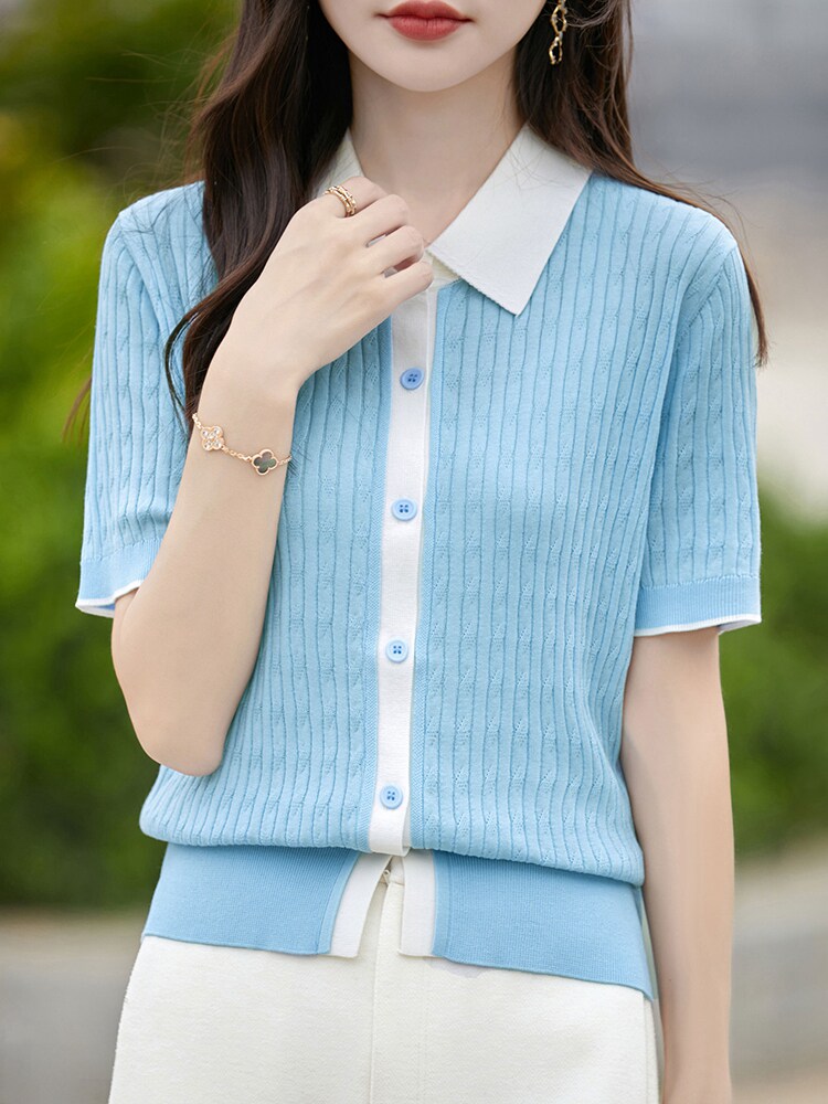 限时优惠柔软拼色短袖针织开衫2025新款POLO领正肩女宽松大码上衣,针织衫/毛衣,暖烁羊绒