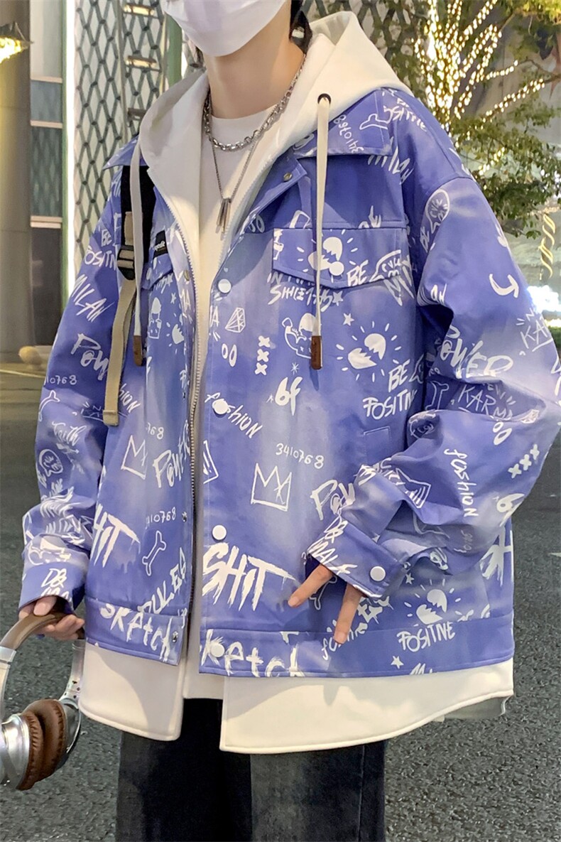 2024春秋款假两件连帽夹克潮牌印花涂鸦夹克外套A436-D1210-P73,男装夹克,电商A436