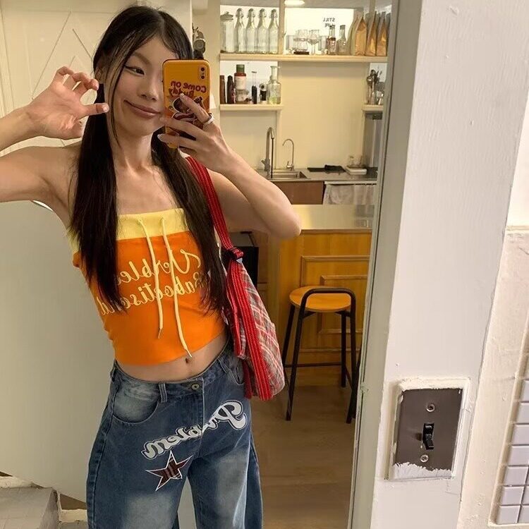 美式复古设计感星星刺绣阔腿牛仔裤男女宽松显瘦直筒拖地弯刀裤子,男装牛仔裤,星座1210-1