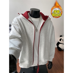 380g重磅美式复古华棉撞色连帽开衫卫衣外套男W24562J加绒-特P45图片