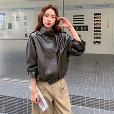 咖色复古美式做旧立领机车皮衣女秋2025新款小个子休闲显瘦短外套，女装皮衣，2C256