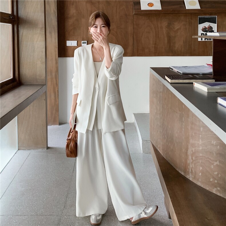 白色韩系拼接件V领西服淡人套装女2025秋季高腰宽松阔腿裤两件套,女装套装/套裙,2C201