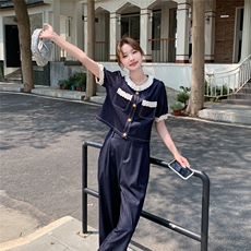 蓝色短袖牛仔套装女2025夏季新款今年流行穿搭一整套装长裤两件套，女装套装/套裙，2C129