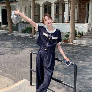 蓝色短袖牛仔套装女2025夏季新款今年流行穿搭一整套装长裤两件套图片