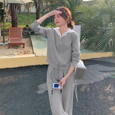 高级感穿搭休闲文艺风蕾丝连帽蓝色卫衣套装女初春秋阔腿裤两件套，女装套装/套裙，2C299
