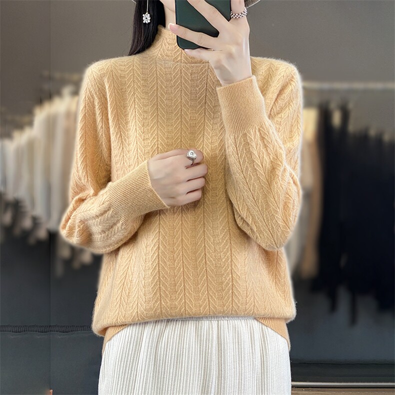 法式设计感复古麻花100纯羊毛衫女2025秋冬新半高领长袖打底毛衣,女装羊毛衫,郡淞羊绒