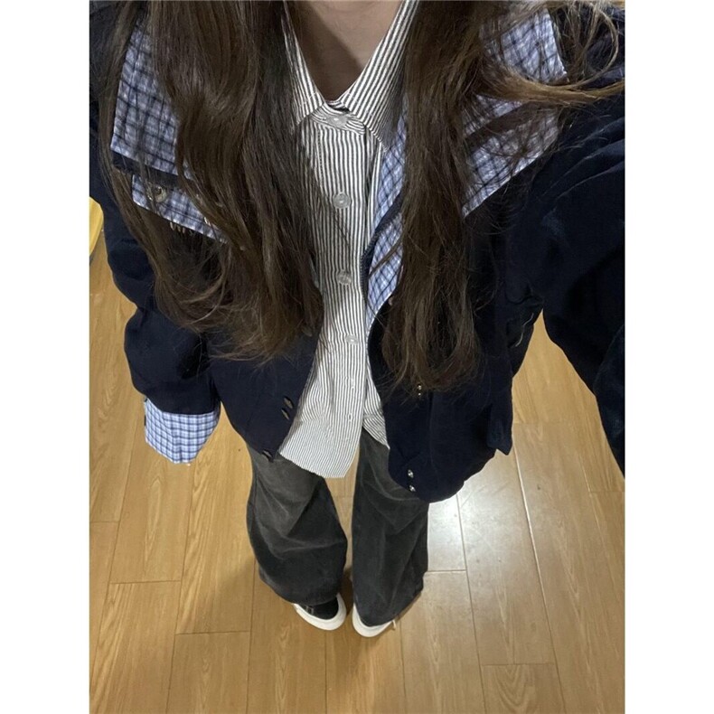 美式复古格纹拼接假两件棒球服外套春季高级感宽松工装夹克 J9252图片