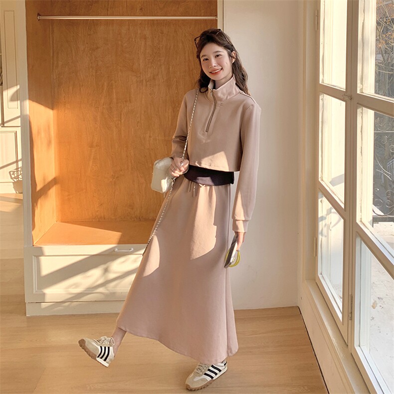 学院风立领卫衣时尚运动套装裙女春秋2025新款韩系减龄撞色三件套,女装套装/套裙,浪娴服饰