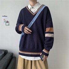 21秋装港风针织衫V领长袖毛衣JK宽松制服情侣慵懒风中性W08/P65，男装针织衫/毛衣，钱塘713