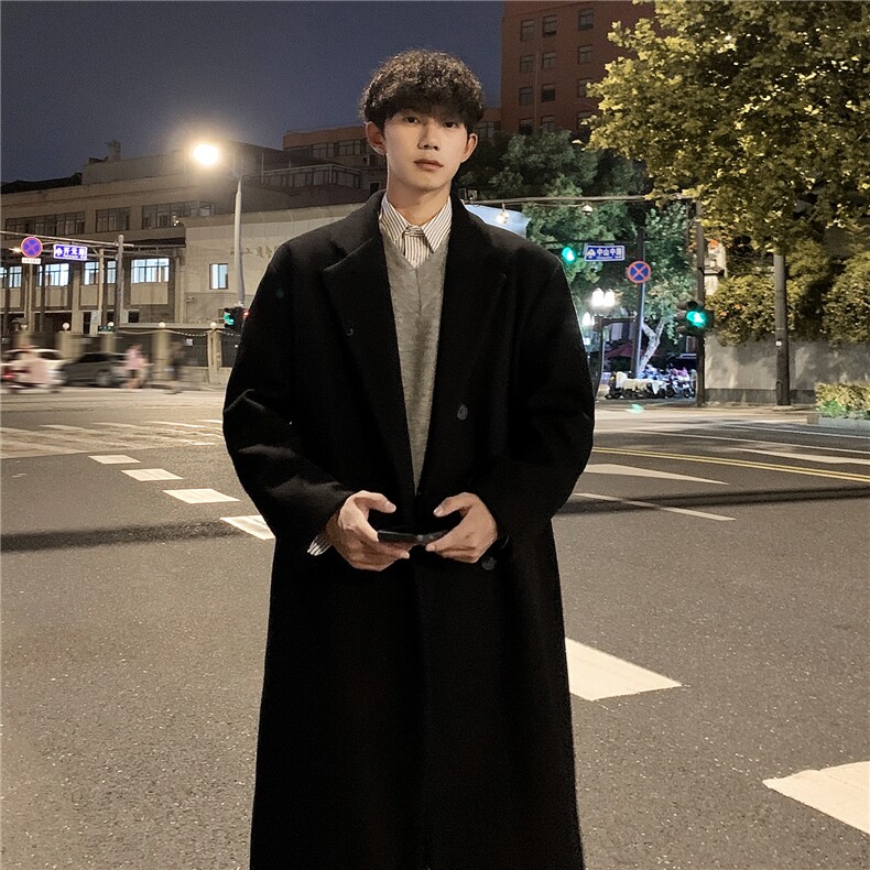 wassuphappy过膝毛呢大衣男冬季2025新款潮牌英伦风保暖防寒外套,男装风衣,电商A430（原星座702）