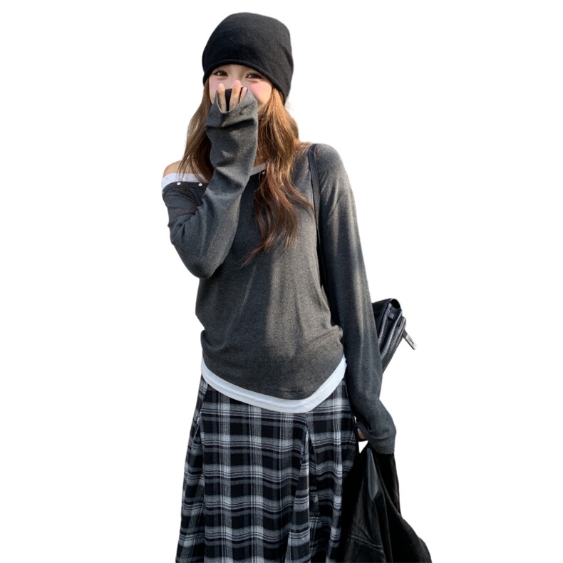 韩版露肩长袖T恤套装裙女2025春秋季新款不规则格纹半身裙两件套,女装套装/套裙,2C291