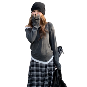 韩版露肩长袖T恤套装裙女2025春秋季新款不规则格纹半身裙两件套图片
