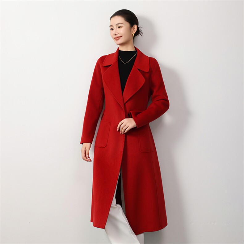 时尚百搭羊毛女士双面呢大衣优雅显瘦长款外套单品,女装双面呢大衣,岳达羊绒