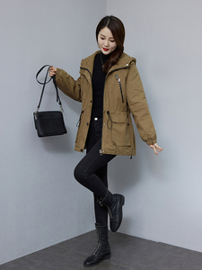 现货。时尚格子加绒加厚连帽保暖女派克服外套图片