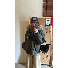 现货重磅boxy短款棉衣座山雕大毛毛领男女棉服水洗工装厚外套，男装棉衣，电商A486-1