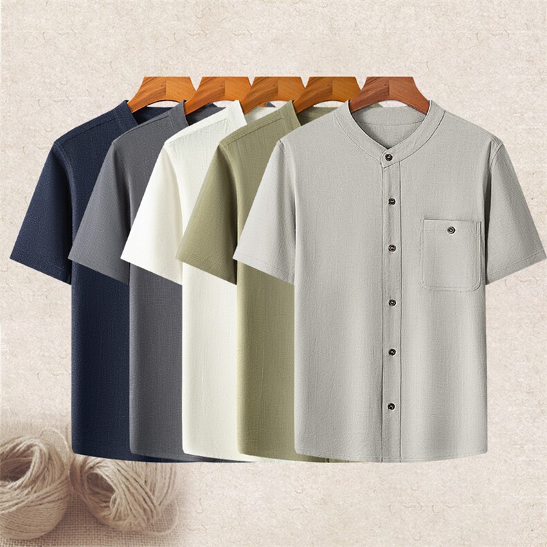 长年现货男高品质风唐装中老年亚麻短袖衬衫中年棉麻T恤，男装T恤，钱塘723