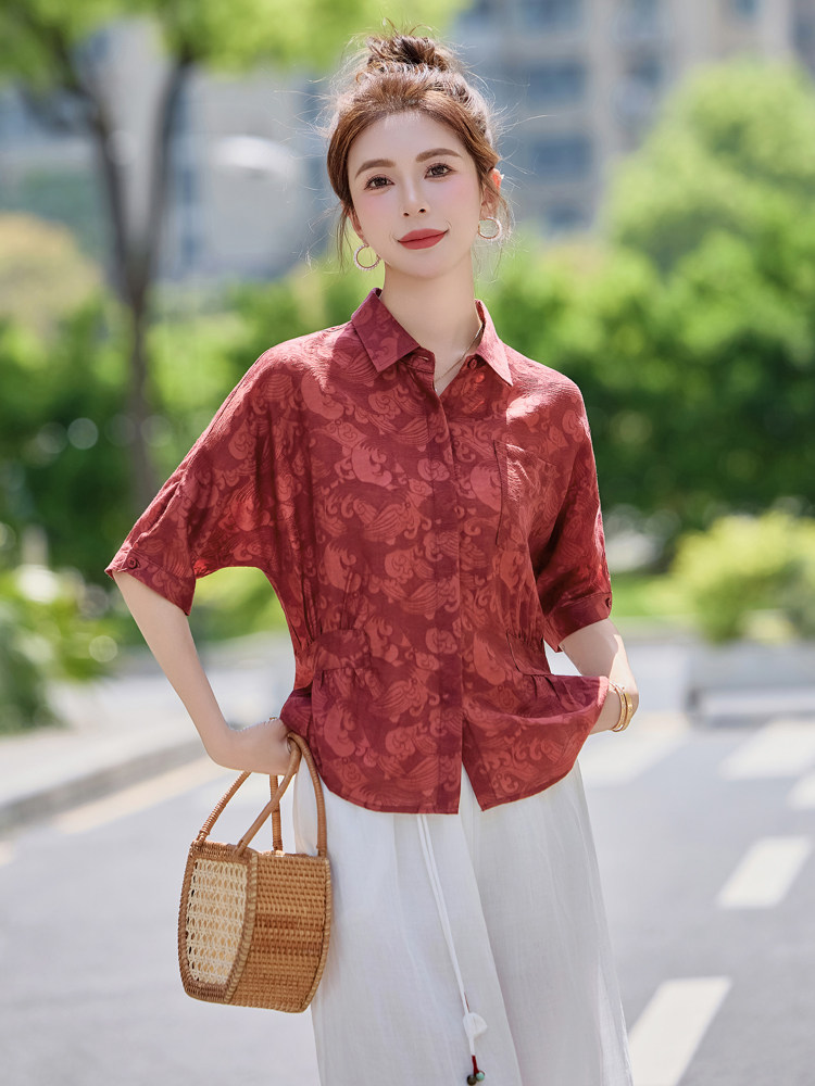 时尚大码女2025夏季高级感妈妈装天丝衬衫超好看宽松遮肉印花上衣,女装衬衫,余墨