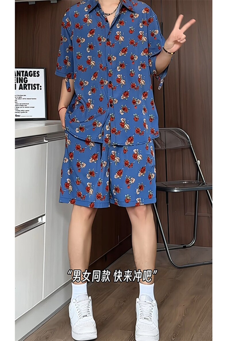 短袖衬衫男+短裤男套装男100%聚酯纤维M-5XL大码TZ78702P50控98,男装休闲套装,星座226-1